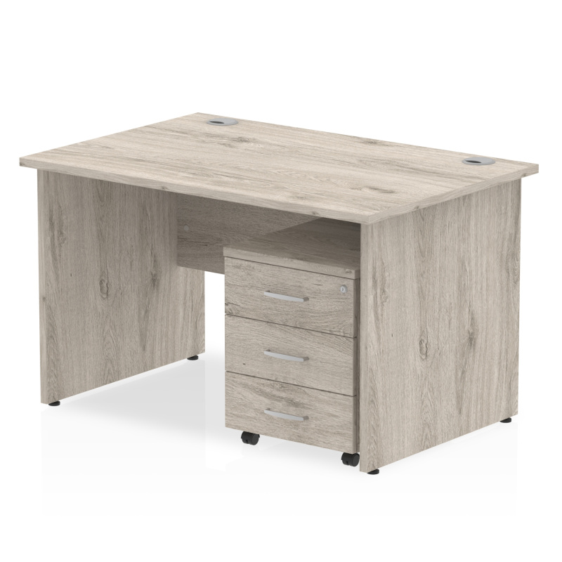 Impulse Straight Panel End Workstation With Three Drawer Mobile Pedestal Bundle Grey Oak | Widths - 1200mm, 1400mm, 1600mm & 1800mm