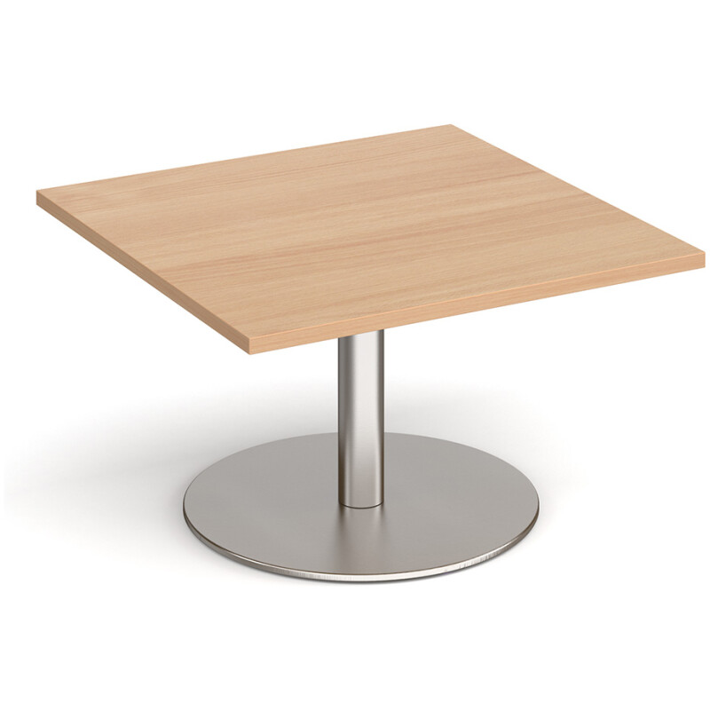 Monza square coffee table with flat round brushed steel base 800mm - beech